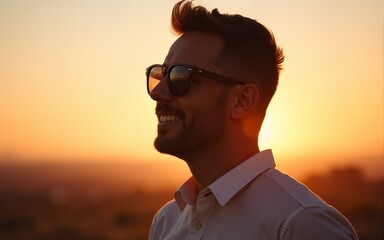 Man in sunglasses, sunset, outdoor portrait. High quality