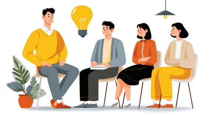 Group of Professionals Engaged in a Business Meeting with Lightbulb Symbolizing Innovative Ideas