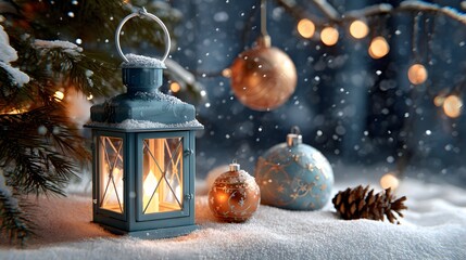 Lantern Glowing Among Snowy Decorations and Ornaments on a Cozy Winter Evening