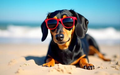 beautiful dog of dachshund, black and tan, buried in the sand at the beach sea on summer vacation holidays, wearing red sunglasses. High quality
