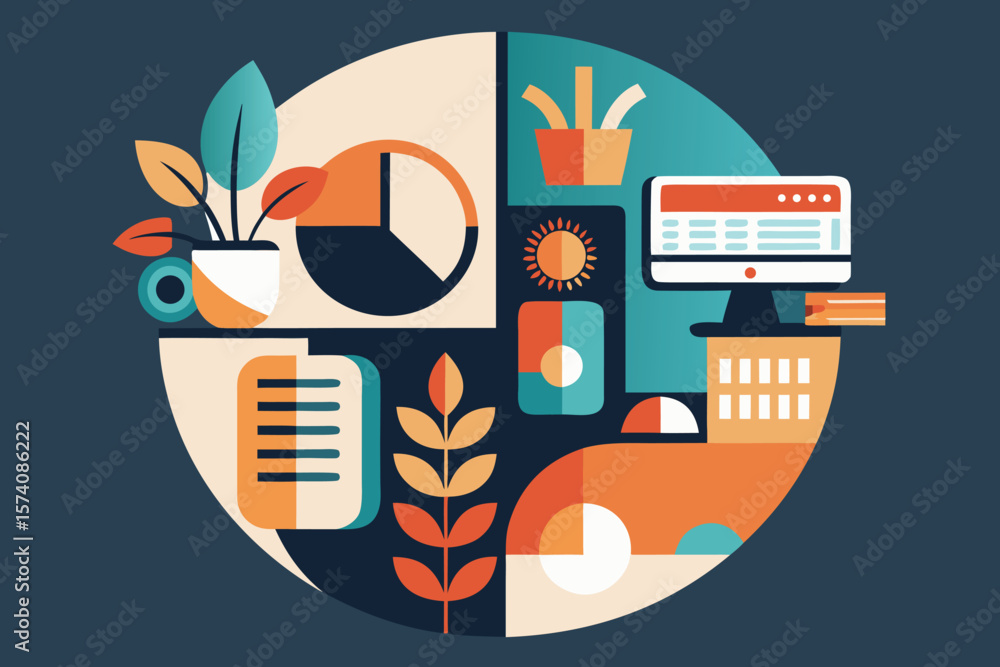 Poster abstract composition depicting elements of work life including computer plants and graphs against a 