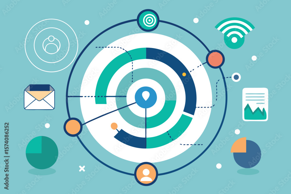 Poster abstract business diagram with concentric circles and connecting icons illustrating data analysis an