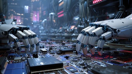 Futuristic Robotic Hands Interacting with Complex Circuit Board in High-Tech Environment