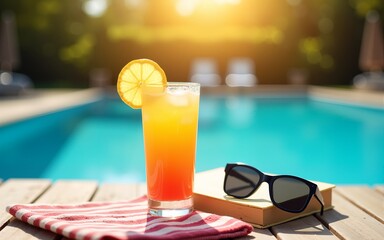 Summer drink with lemon wedge, striped towel, book, and black sunglasses on deck by sunlit pool, evoking peaceful relaxation and warm holiday vibes. Concept of summertime recreation, tourism. Ad