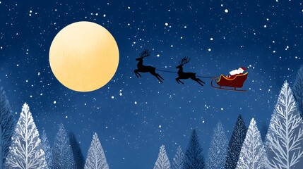 Santa Claus Flying With Reindeer In A Sleigh Under A Full Moon In A Snowy Winter Night