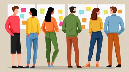 Group of Diverse Professionals Engaged in a Creative Brainstorming Session with Colorful Post-it Notes