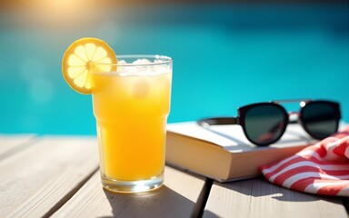Summer drink with lemon wedge, striped towel, book, and black sunglasses on deck by sunlit pool, evoking peaceful relaxation and warm holiday vibes. Concept of summertime recreation, tourism. Ad