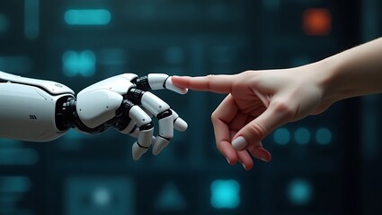 Human and robot hands touching with a blue background representing technology and artificial intelligence