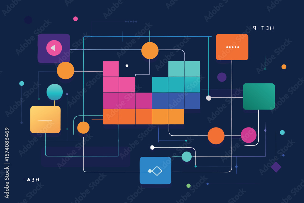Poster abstract digital network design with geometric shapes and interconnected lines on dark blue backgrou