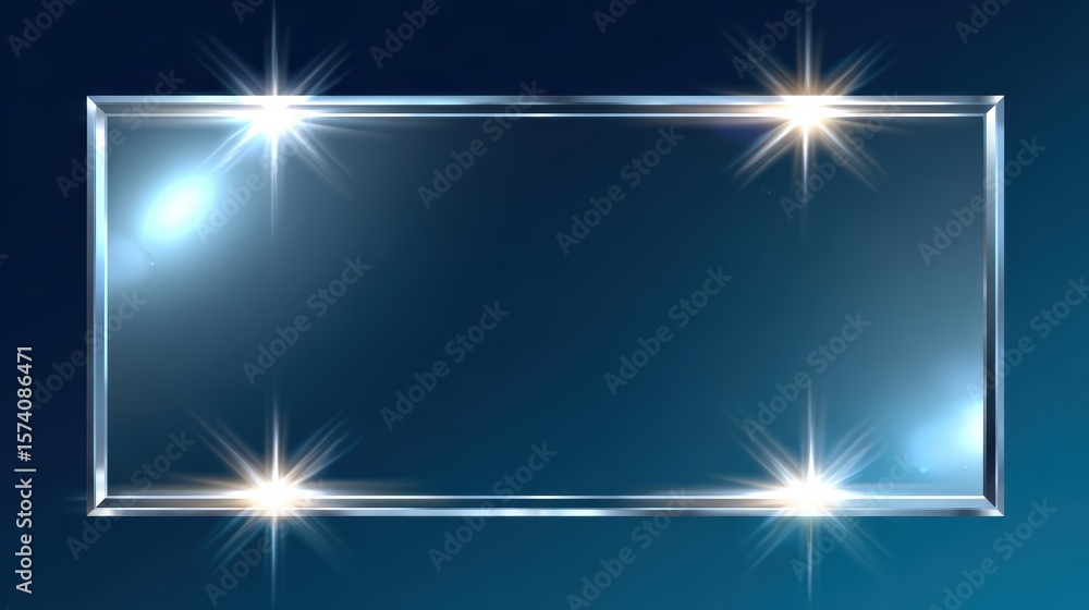 Poster elegant rectangular frame with sparkling lights against a dark blue background