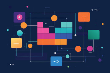 Fototapeta premium Abstract digital network design with geometric shapes and interconnected lines on dark blue background
