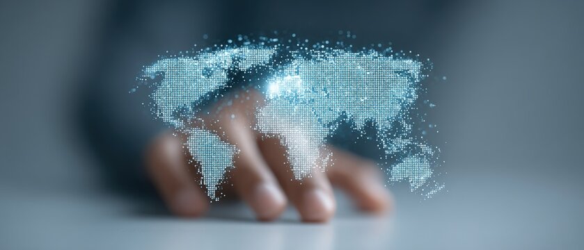 Interactive digital world map visualization global tech conference infographic display digital environment close-up view geospatial innovation