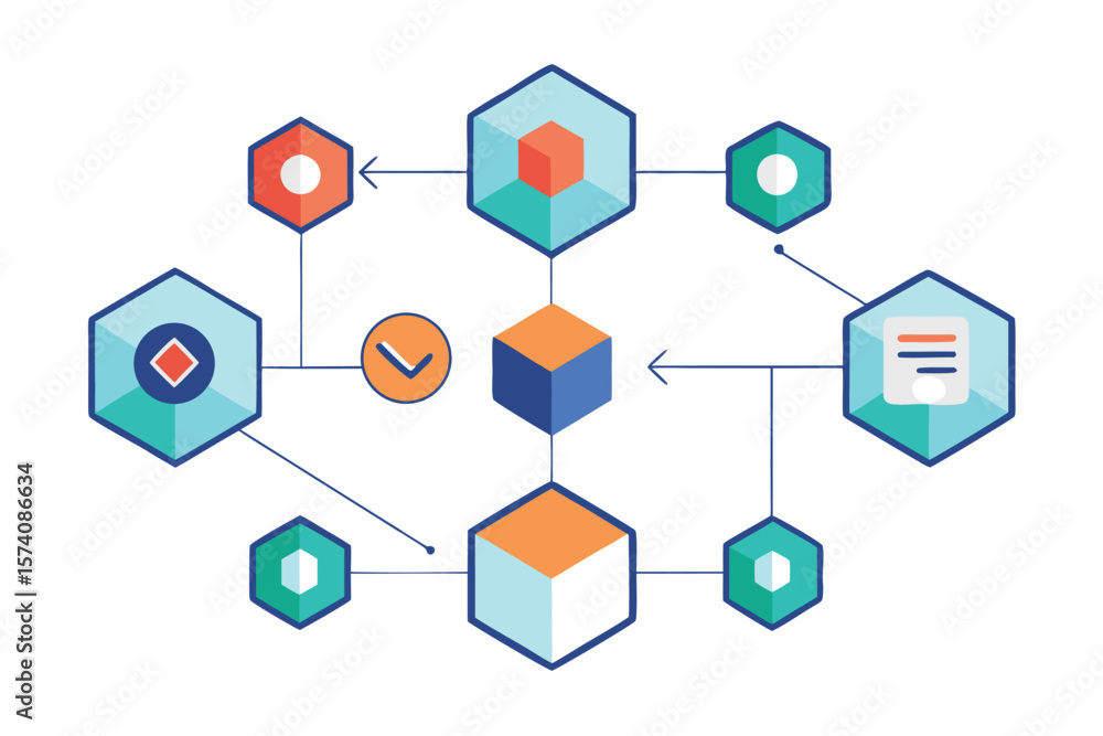 Poster abstract geometric illustration showcasing interconnected data flow visualized by colorful hexagonal