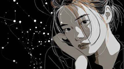Thoughtful Woman in Abstract Monochrome Portrait Expressing Contemplation and Serenity