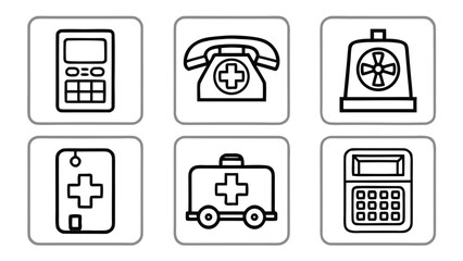 Collection of simple medical icons including a calculator phone siren and ambulance