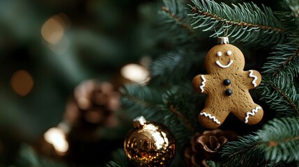 Gingerbread man ornament hanging on a Christmas tree with festive decorations, surrounded by golden baubles and pine cones