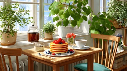 Bright and Cozy Breakfast Table with Pancakes and Fresh Fruit Surrounded by Indoor Plants