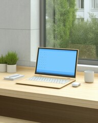 Fototapeta premium professional productive Modern workspace with sleek computer monitor keyboard and accessories on wooden desk