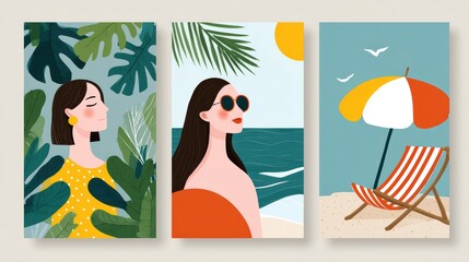 Artistic Representation of Women in Sunglasses at a Tropical Beach with Sun and Umbrella