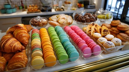 Assorted Pastries and Colorful Macarons Displayed on a Dessert Table in a Bakery