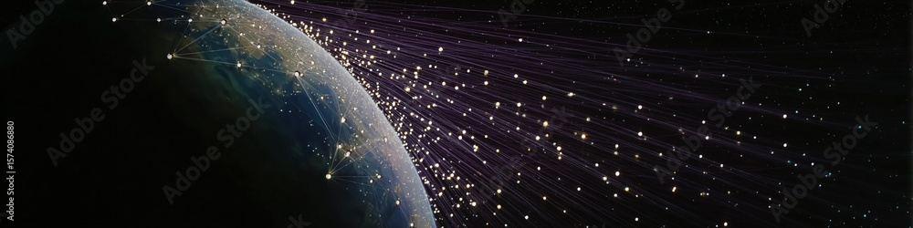 Aufkleber a depiction of earth from space with glowing lines connecting to points on the globe