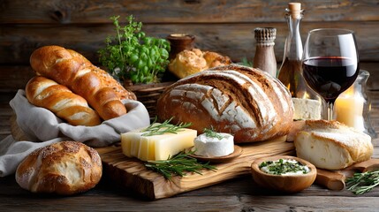 Artisan Bread and Gourmet Cheeses Accompanied by Fine Wine and Fresh Herbs on Rustic Wooden Table