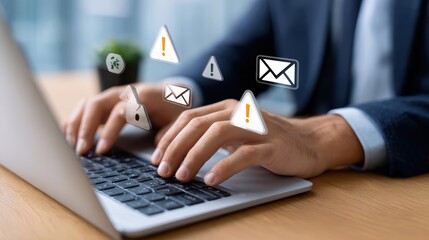 Professional Hands Typing on Laptop Surrounded by Digital Notifications in Modern Workspace