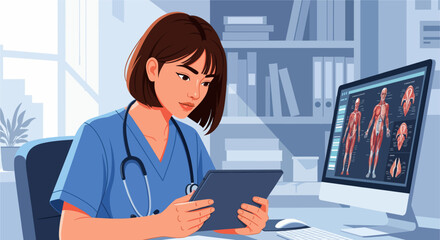 Medical Student Analyzes Digital Human Anatomy. Modern Clinical Training Illustration. Young doctor woman reviewing muscle anatomy on a digital platform. Illustration for medical education topics.  