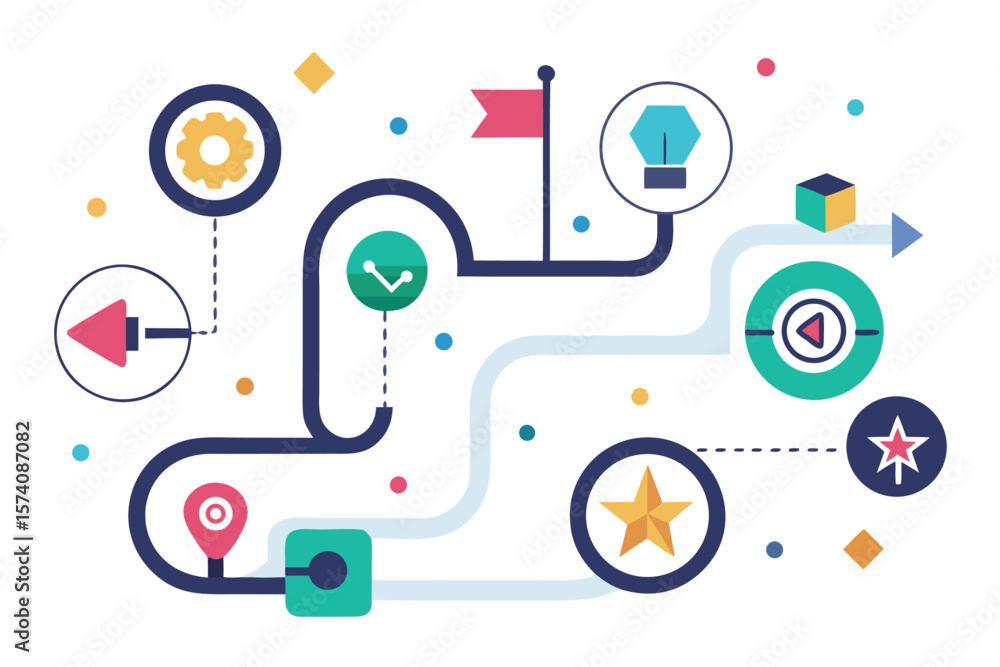Poster abstract illustrated pathway depicting process and progress with diverse graphic elements suggesting