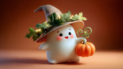 Adorable 3D Ghost with Glowing Leaves Witch Hat Holding Pumpkin. Perfect for children's Halloween content, autumn seasonal promotions, digital greeting cards, educational materials.