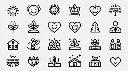 Collection of Minimalist Icons Featuring Nature, Happiness, and Love Themes in Black and White Design