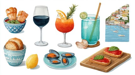 Assorted Food and Beverages Featuring Cocktails, Seafood, and Appetizers on a Bright Table