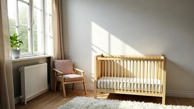 baby room mockup with crib. Bedroom design template. Neutral tones in the interior..