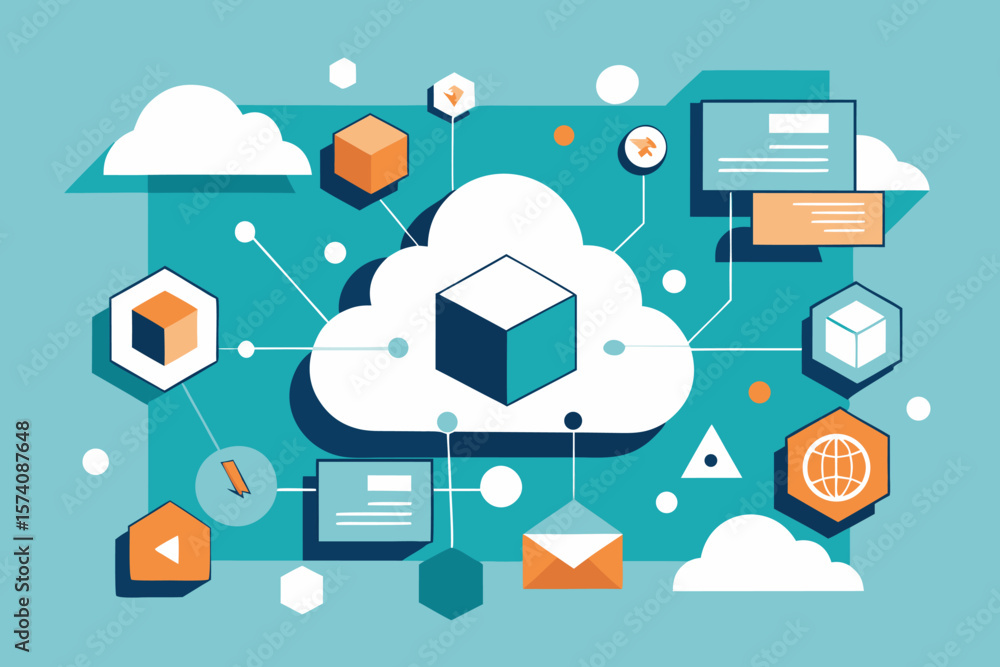Poster abstract illustration of cloud computing and data exchange concepts with various icons and a modern 