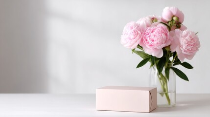 A simple and elegant display of pink peonies in a clear vase. The soft colors create a calm atmosphere. Ideal for floral arrangements and gift presentations. AI