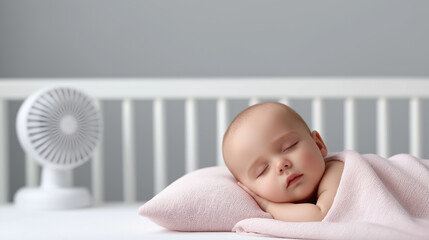 Sleeping baby wrapped in soft pink blanket on white crib mattress, with gentle fan in background creating a serene and peaceful atmosphere for rest and relaxation