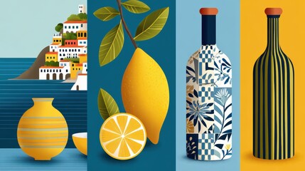 Collection of Colorful Decorative Vases and Lemons with Modern Design Elements and Bold Colors