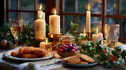 Naklejka premium Festively Decorated Table with Cookies, Candles, and Holiday Treats Surrounded by Greenery