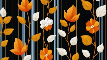 Elegant Floral Pattern with Orange and White Blooms on a Dark Striped Background
