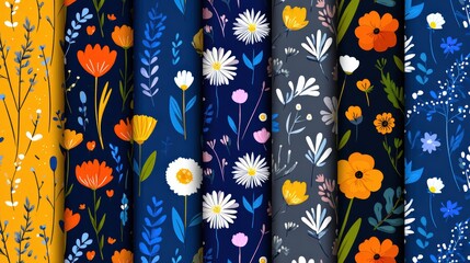Floral Pattern Design Featuring Vibrant Colors and Varied Flower Motifs on Dark Backgrounds