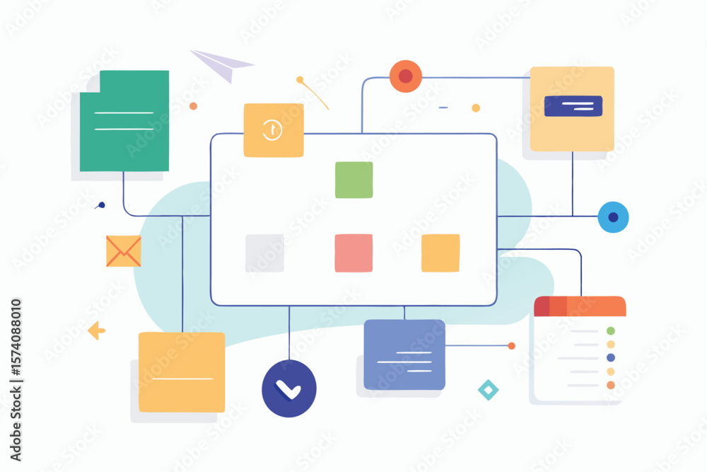 Poster abstract network diagram depicting digital workflow process and data organization with icons and con