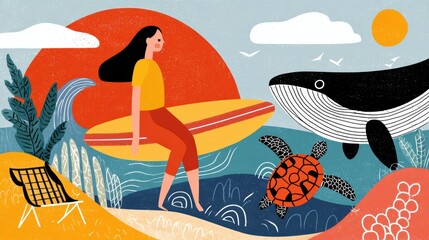Young Woman Surfing with Whale and Turtle in Vibrant Ocean Scene at Sunset