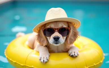 Cute dog wearing sunglasses and hat relaxing on yellow float in swimming pool enjoying summer vacation. High quality