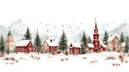 Picturesque winter village showcasing snow-covered houses, trees, and a peaceful snowy landscape