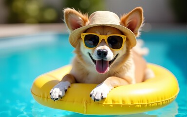Cute dog wearing sunglasses and hat relaxing on yellow float in swimming pool enjoying summer vacation. High quality