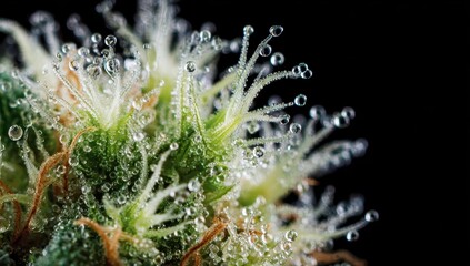 Hemp trichomes glistening on the plant. Close up view, isolated on black background