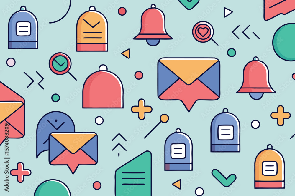 Poster abstract pattern of email notifications bells and related elements in trendy flat design style