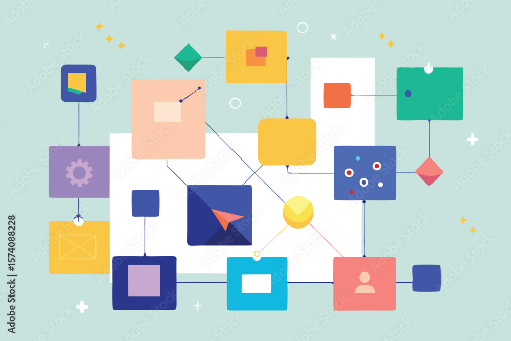 Poster abstract vector illustration of a modern business process workflow diagram with connected shapes and