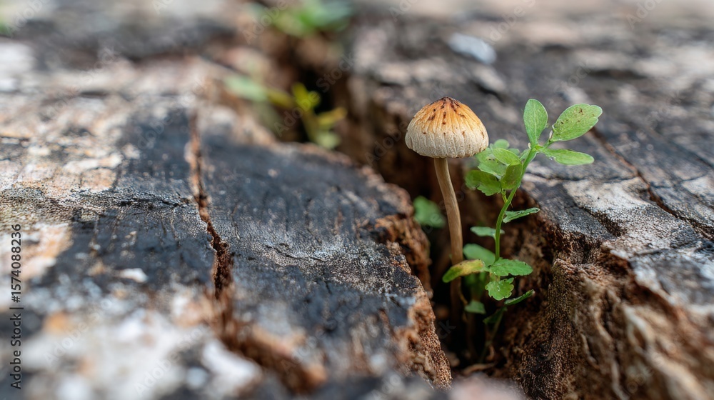 Poster a single mushroom pushing through cracks in a fallen tree, showing resilience.