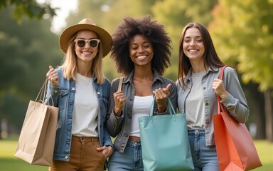 Young adults holding sustainable clothing and reusable bags outdoors. High quality